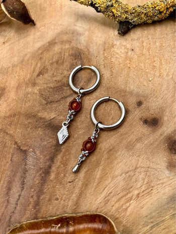 Boucles d’oreilles petites créoles acier inoxydable et macramé pierre Agate