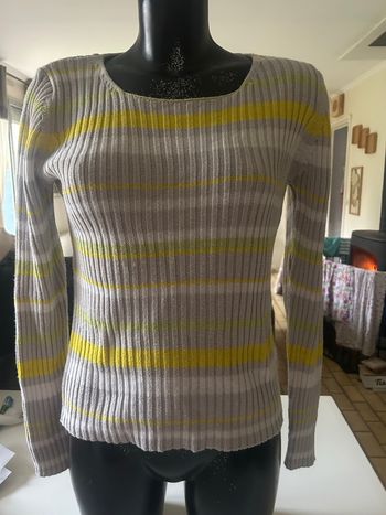 Pull à col rond TRÈS BON ÉTAT pour femme taille 36 couleurs gris et jaune