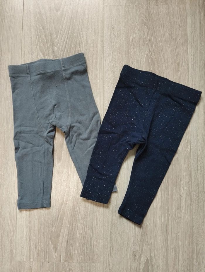 Lot leggings bleu points dorés et gris fille 6 mois