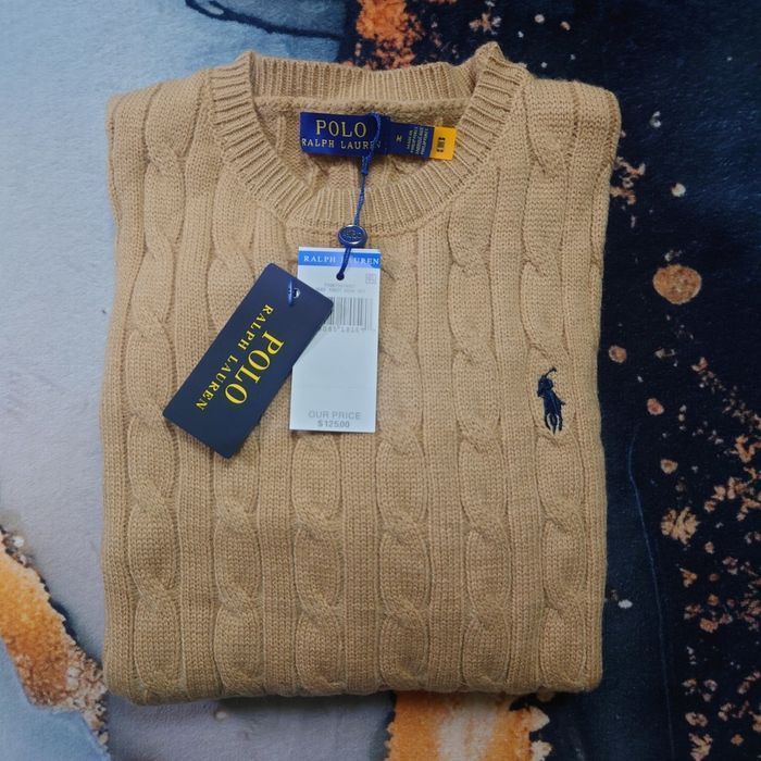 Pull torsadé col rond Polo Ralph Lauren camel logo brodé noir taille M - photo numéro 2
