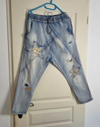 Jean boyfriend sarouel S denim stretch patch étoiles sequins taille élastique TBE