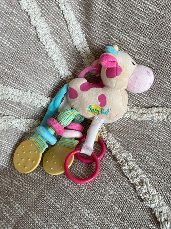 Peluche doudou d’éveil 23cm Babynat vache beige rose et bleu très bon état