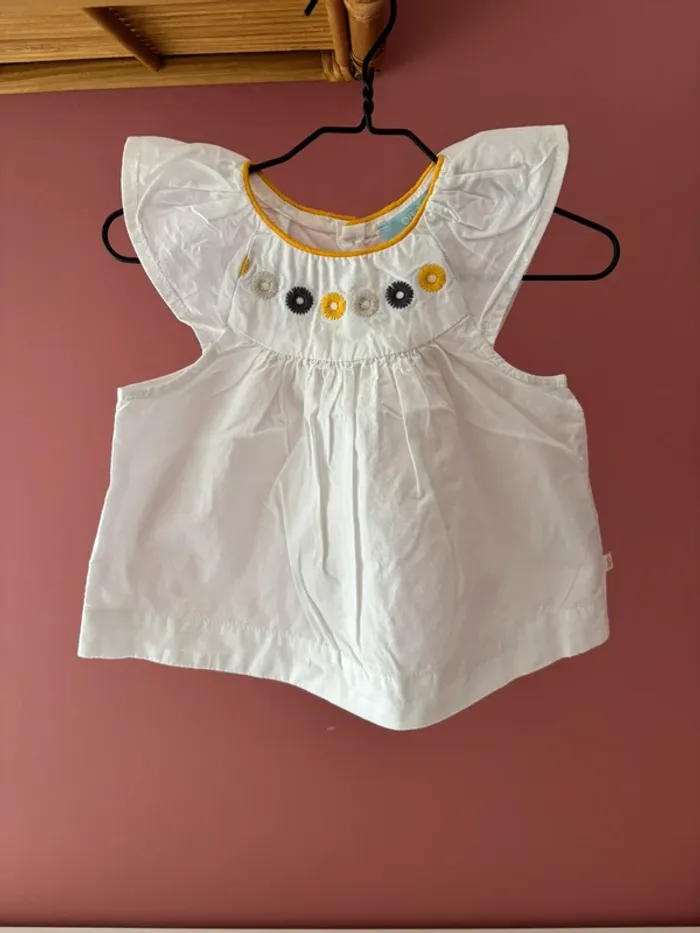 Blouse blanche fleurs Obaïbi 12M/74cm