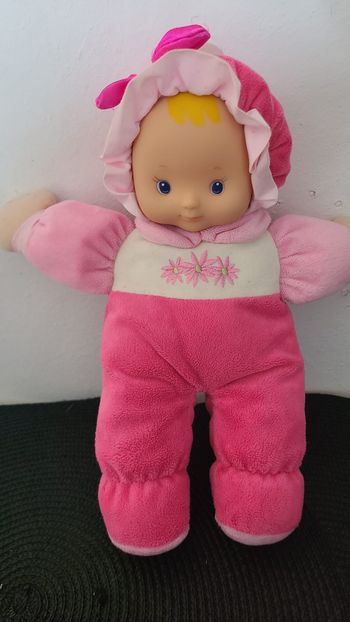 Doudou poupée Aimantine rose blanc fleurs 28 cm