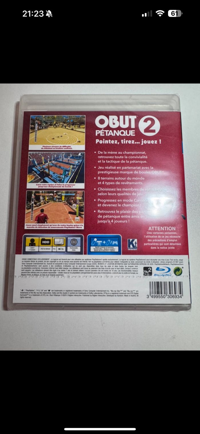 Jeu ps3 NEUF Obut Pétanque 2 Blister - photo numéro 2