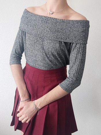 Pull fin côtelé 3/4 épaule dénudé gris chiné - 36/S à 40/L