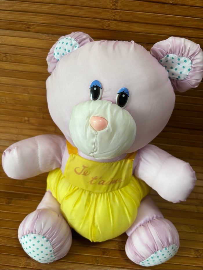Vintage peluche ours puffalump violet jaune je t aime bikin 34 cm - photo numéro 4