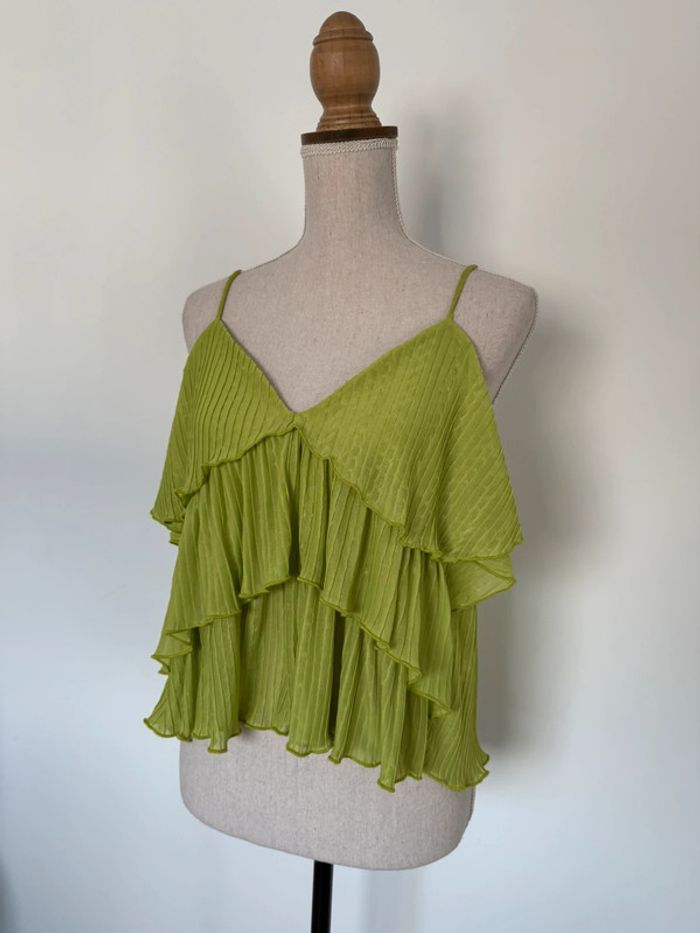 T-shirt top bretelles Zara été débardeur volants fluide plissé M vert pomme Haut camisa léger