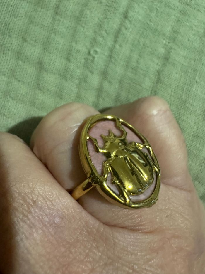 Bague scarabée relief acier inoxydable or rhodonite véritable réglable - photo numéro 4