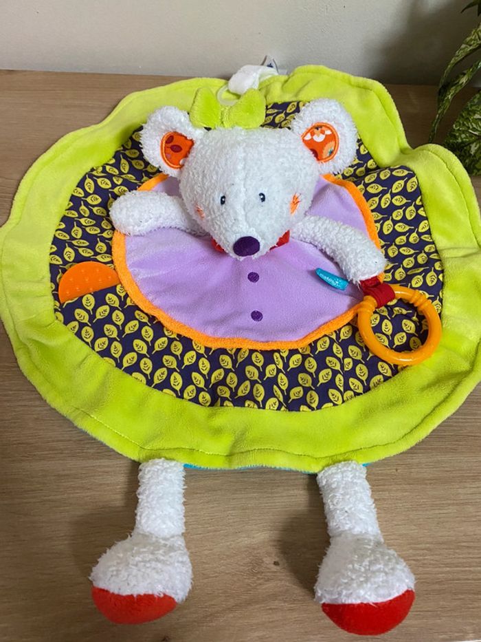 Doudou plat rond souris vert violet anneau dentition babysun