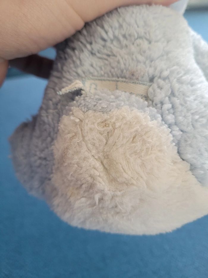 RARE Lapin assis bleu blanc Boulgom yeux bleu Made in France collection peluche doudou 26cm - photo numéro 6