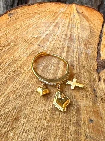 Bague  acier inoxydable or zircons acier inoxydable or breloques croix  cœur ex-voto cœur bombé