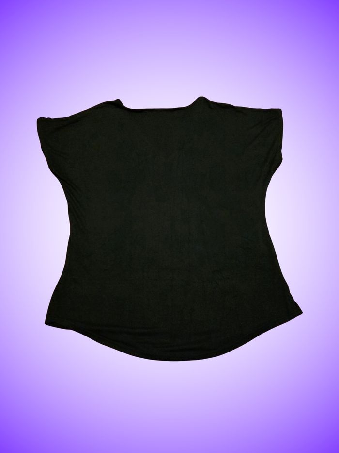 Tee-shirt Noir Fluide Décolleté V – Manches Courtes – Nœuds Décoratifs – Sans Marque – Bon État - photo numéro 2