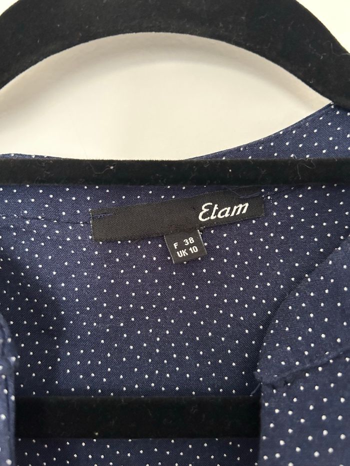 Blouse manches 3/4 bleu marine pois blanc col V Etam 38 - photo numéro 2