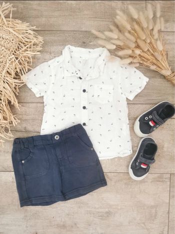 Short et chemise lin coton motif bateau blanc bleu marine 18mois