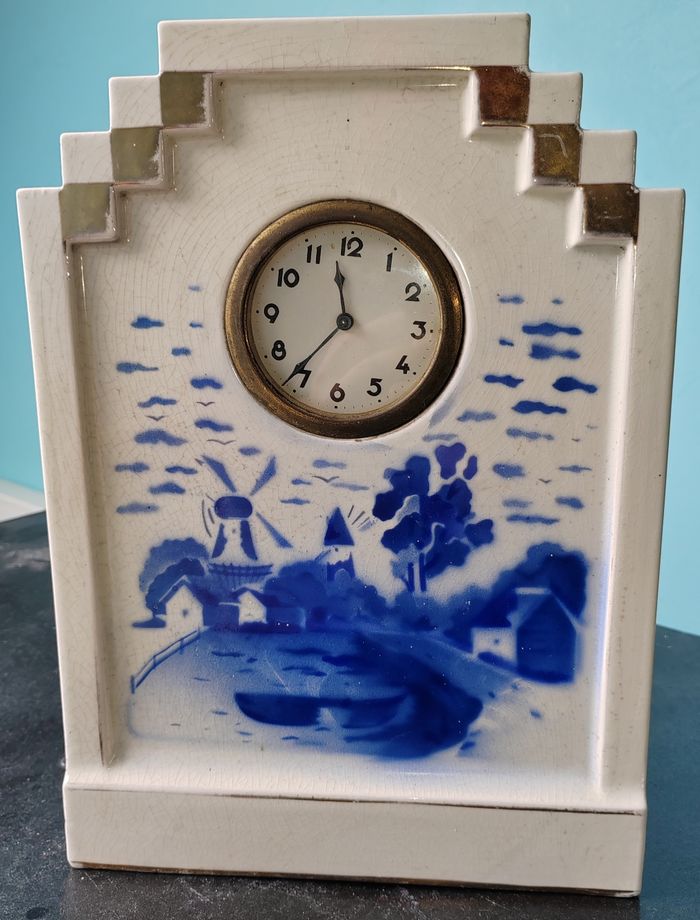 Pendule ancienne faïence V. B Septfontaines décor Delft bleu