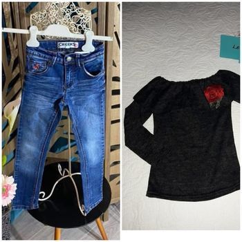 Ensemble fille 6 ans jeans Creeks et petit pull fin avec broderie rose 