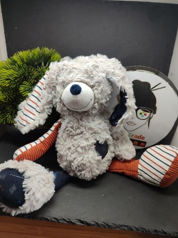 PE0292 Doudou lapin gris noir marron rayé coeur peluche tao tape à l'oeil Pantin