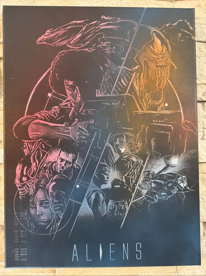 Tableau “Aliens” – hommage culte au film – toile noire 30x40 cm