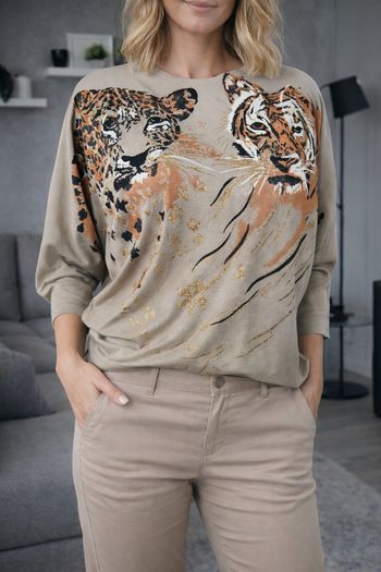 Top imprimé animal léopard & tigre manches chauve-souris beige & doré T. 38/40