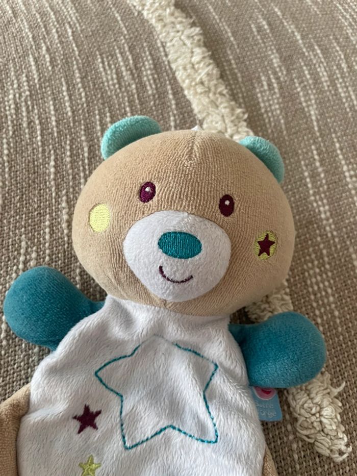 Peluche doudou plat 18cm sucre d’orge ours bleu et blanc très bon état - photo numéro 2