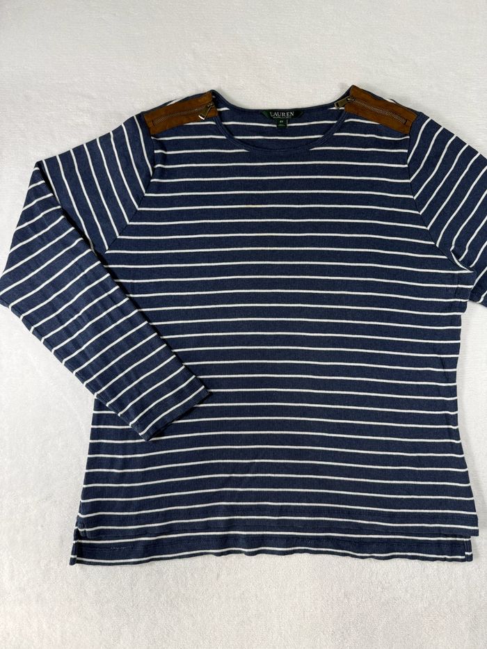 Top T-shirt manches longues marinière Ralph Lauren femme 2X ( 2XL ) bleu marine blanc 100% coton - photo numéro 2