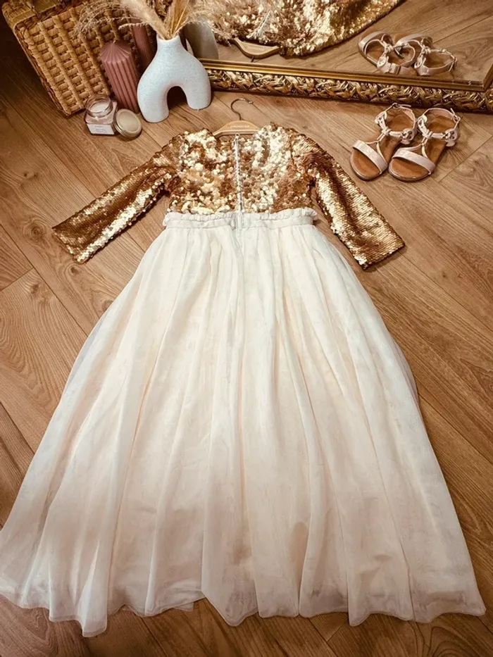 Taille 8 ans Robe longue créateur fille TAO crème bronze * sequins tulle * 💞 - photo numéro 9