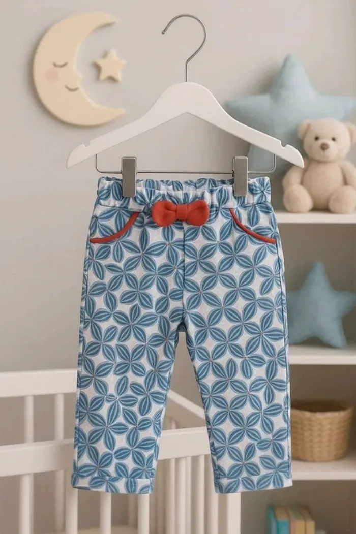Pantalon bébé fille imprimé bleu avec nœud rouge – 3 mois