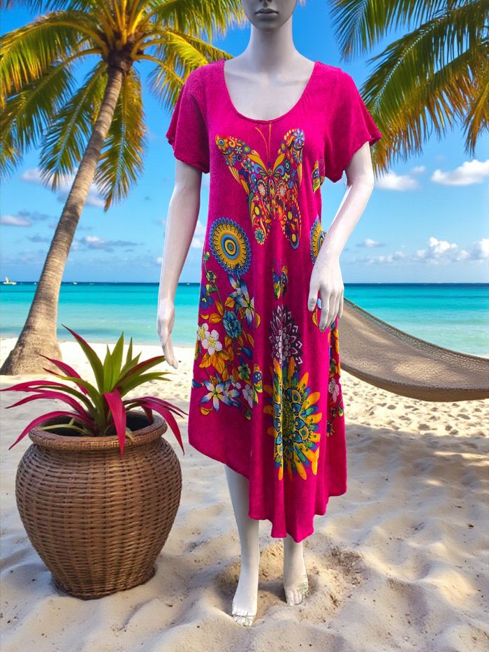 ROBE DE PLAGE FEMME ASYMÉTRIQUE TEINTES LUMINEUSES & MOTIF FLEURS ET PAPILLONS L - photo numéro 3