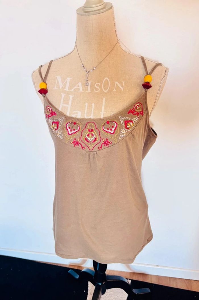 💕 blouse kaki d’été doublé bretelles avec perles taille 42 xl #camaieu
