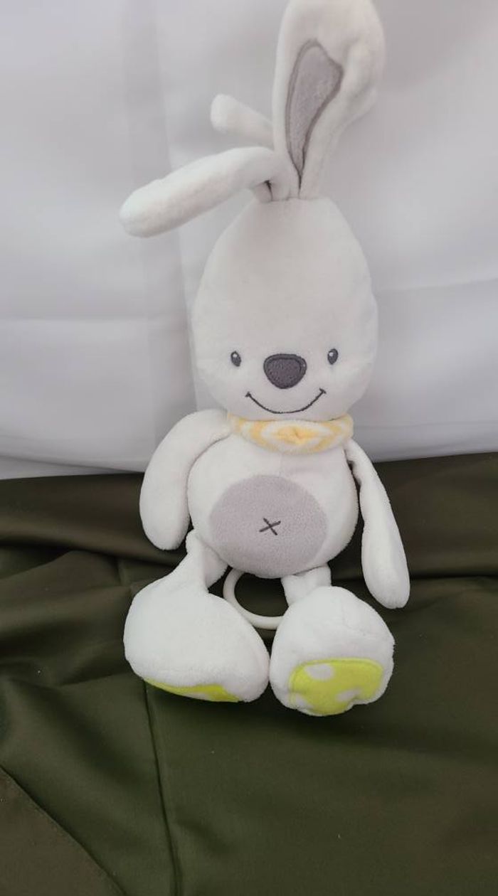 Doudou musical lapin blanc gris jaune pois foulard orange rayé doukidou - photo numéro 3