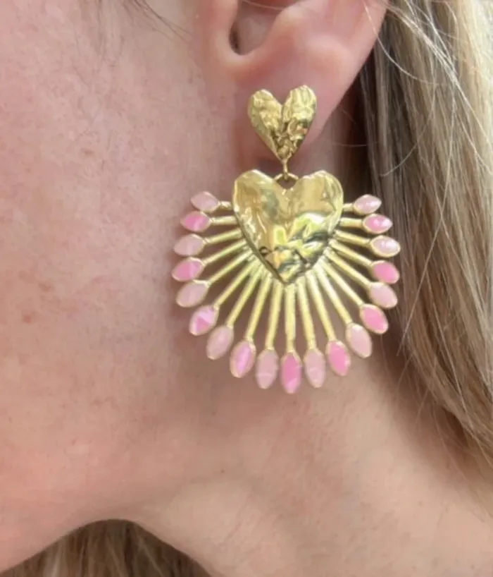 Boucles d'oreilles cœurs roses et acier doré - photo numéro 5