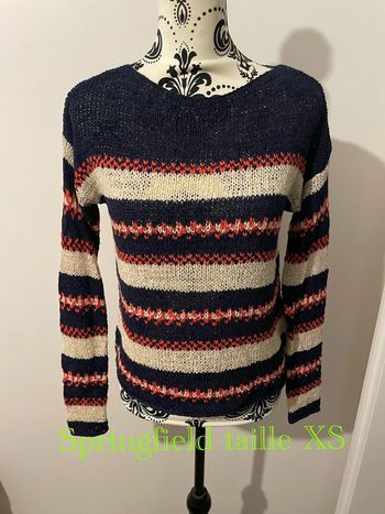 Pull manches longues grosse maille bleu marine rayé blanc et rouge Springfield taille XS