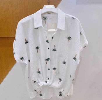 chemise gaz de coton brodé palmier manches courtes