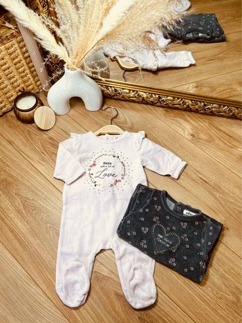 Taille 3 mois lot de 2 pyjamas velours fille Gemo gris rose pale * fleurs * 🎀