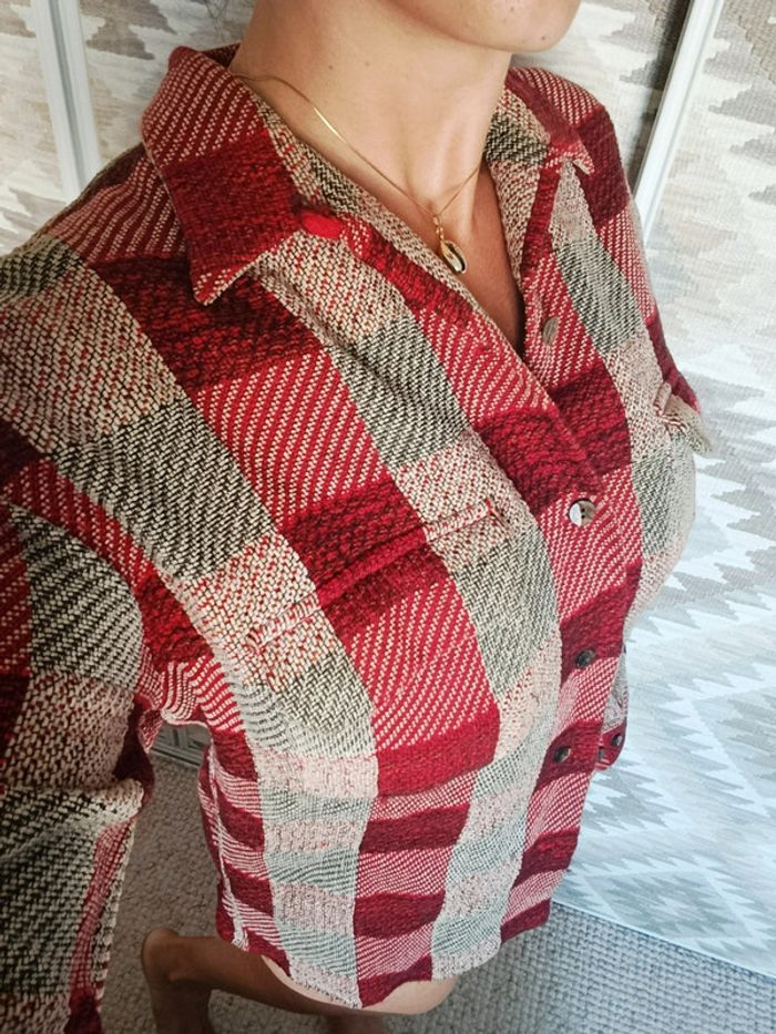 Veste chemise Equipment M à carreaux rouge bordeaux beige laine coto made un France - photo numéro 2