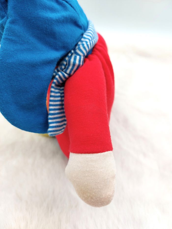 Doudou poupée poupon Corolle rouge bonnet bleu jaune brodé bateau rayures 24 cm - photo numéro 5