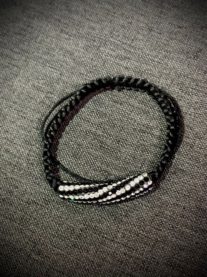 Bracelet Strass Noir Argenté Réglable, Neuf