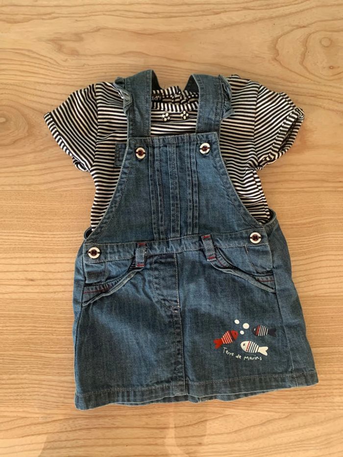 Lot ensemble salopette robe en jeans terre de marins et t shirts marinière - photo numéro 6