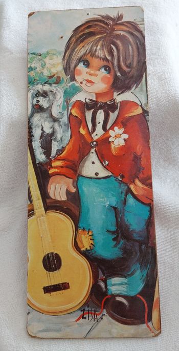 Vintage tableau panneau Poulbot gavroche le garçon et sa guitare signé Lisa sur Isorel