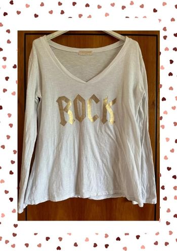 T-shirt blanc col v manches longues rock April Vintage
