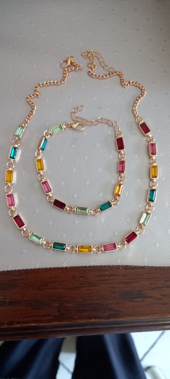 Collier et bracelet doré inoxydable cristal multicolore