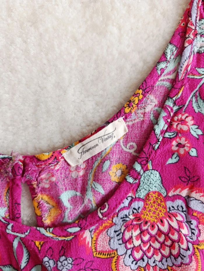 Robe d'été American Vintage S rose fuchsia motif fleuri feuillage taille élastique - photo numéro 8