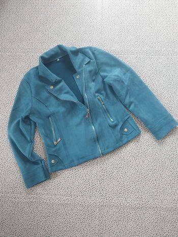 veste style perfecto bleu pétrole femme taille l zip simili daim chic tendance