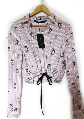 Chemise croped 100% coton imprimé chats et rayures à nouer, neuve et étiquetée ZARA
