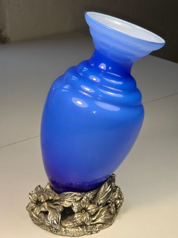 Vase Soliflore Verre Opale Bleu & Socle Floral Argenté