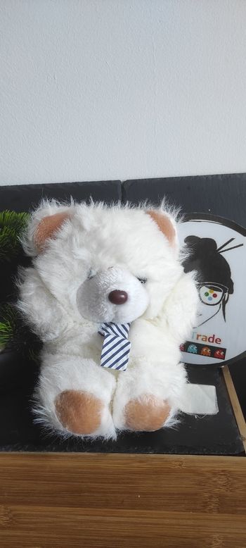 doudou peluche ours marron beige blanc cravate bleu marine ancien vintage Poils