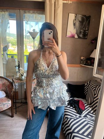 Top péplum dos nu  argenté Ibiza Summer vintage froufrous bouffant