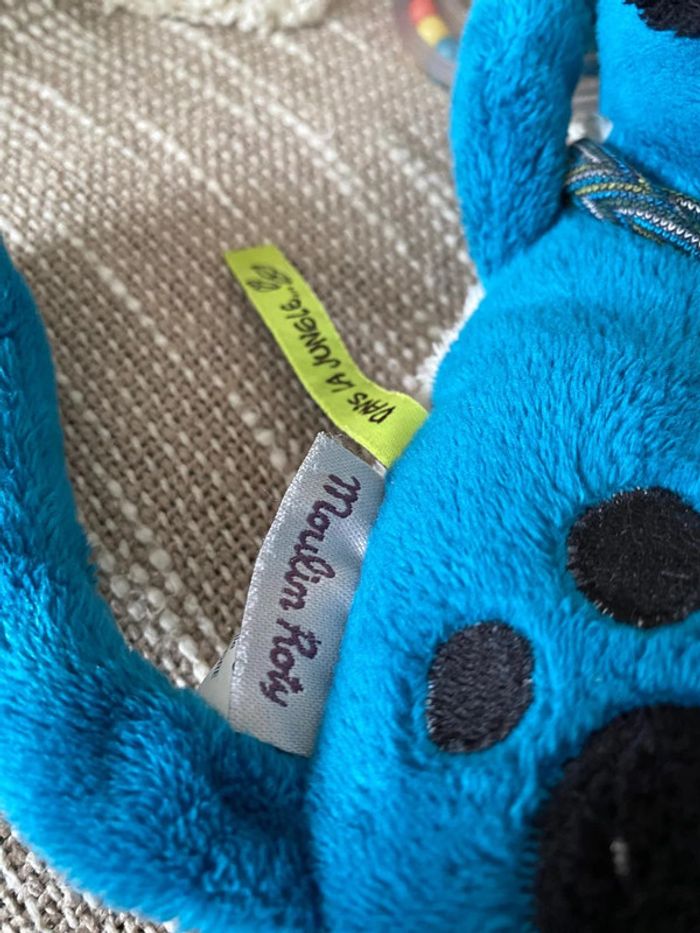 Peluche doudou d’éveil 29cm moulin roty panthère bleu très bon état - photo numéro 4