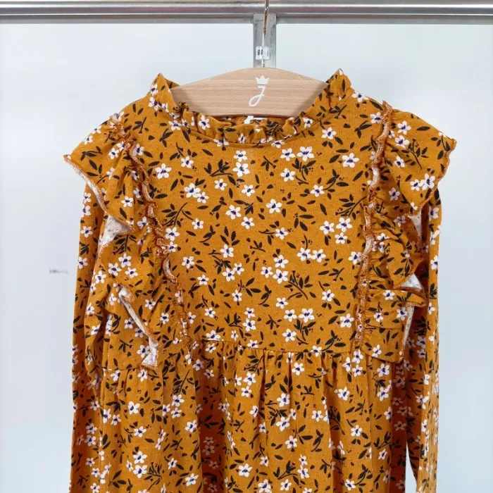 Robe ocre jaune moutarde, manches longues, volants sur le haut Cmt atelier A320 - photo numéro 2